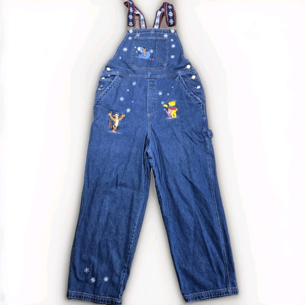 VTG Disney Pooh Tigger Eeyore Winter Snowflake Embroidered Womens Overalls Large
